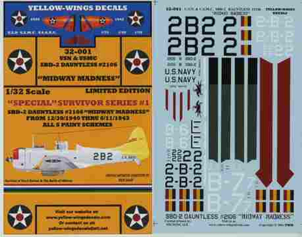 YWD32001 1:32 Yellow Wings Decals USN & USMC SBD-2 Dauntless Midway Madness  #32001