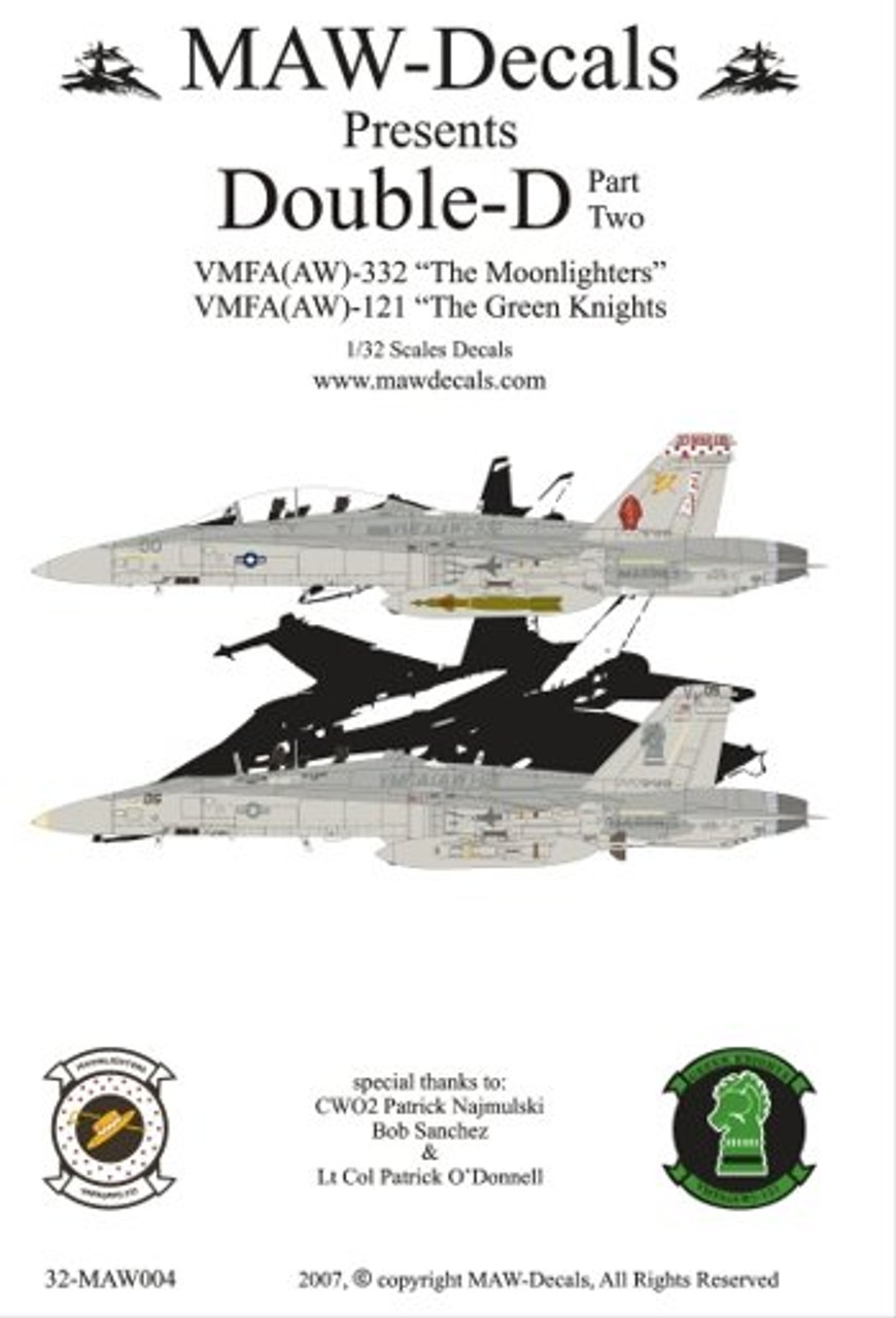 MAW32004 1:32 MAW Decals - Double D F-18D Hornet Pt 2 VMFA(AW)-332  VMFA(AW)-121 #32004