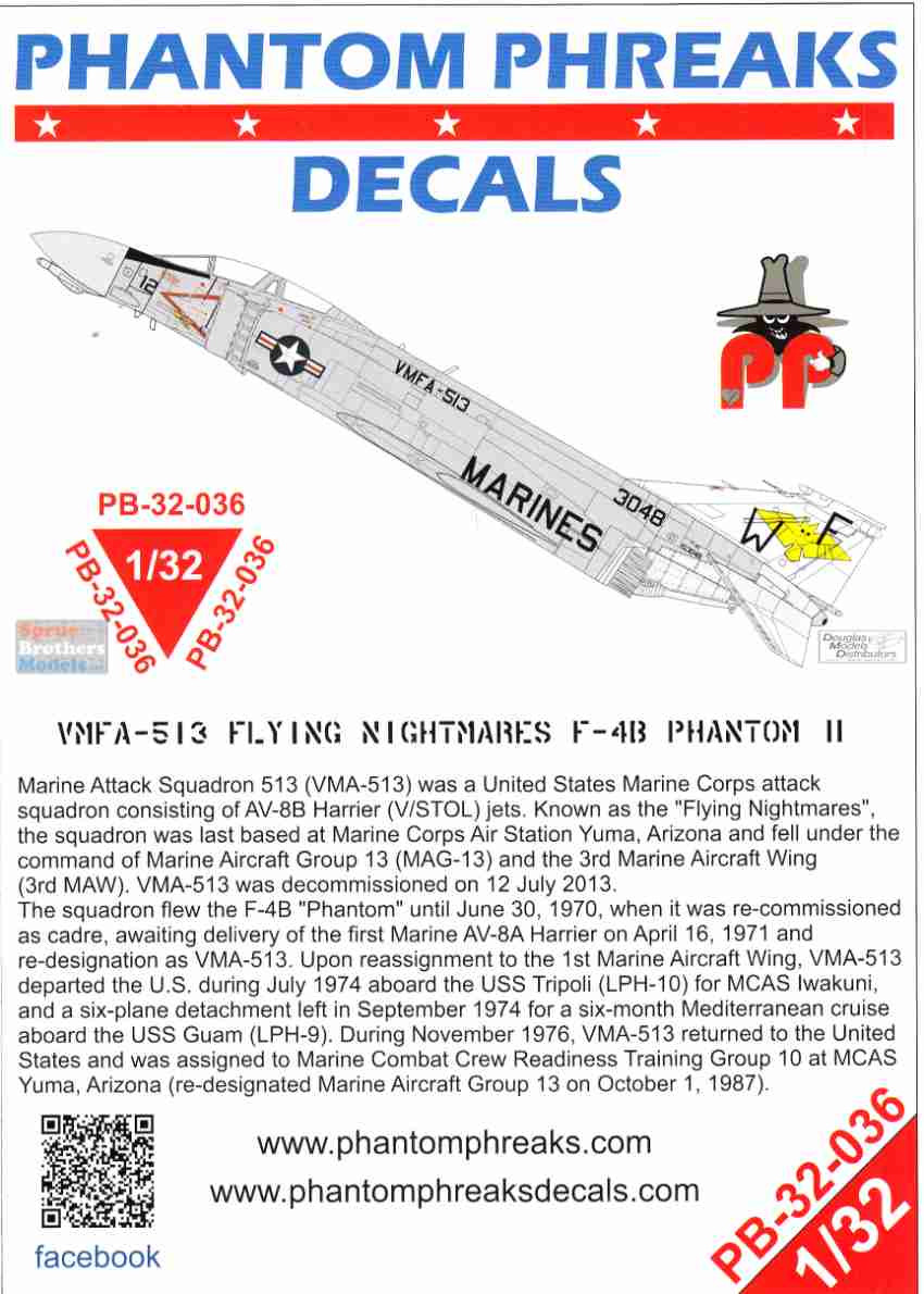 PPD32036 1:32 Phantom Phreaks Decals - F-4B Phantom II VMFA-513
