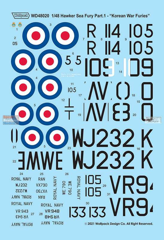 WPDDEC48020 1:48 Wolfpack Decal - Hawk Sea Fury Part 1 Korean War