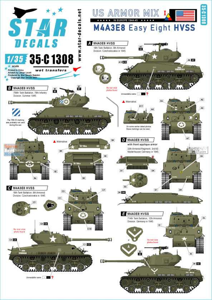 SRD35C1308 1:35 Star Decals - US Armored Mix #1: M4A3E8 East