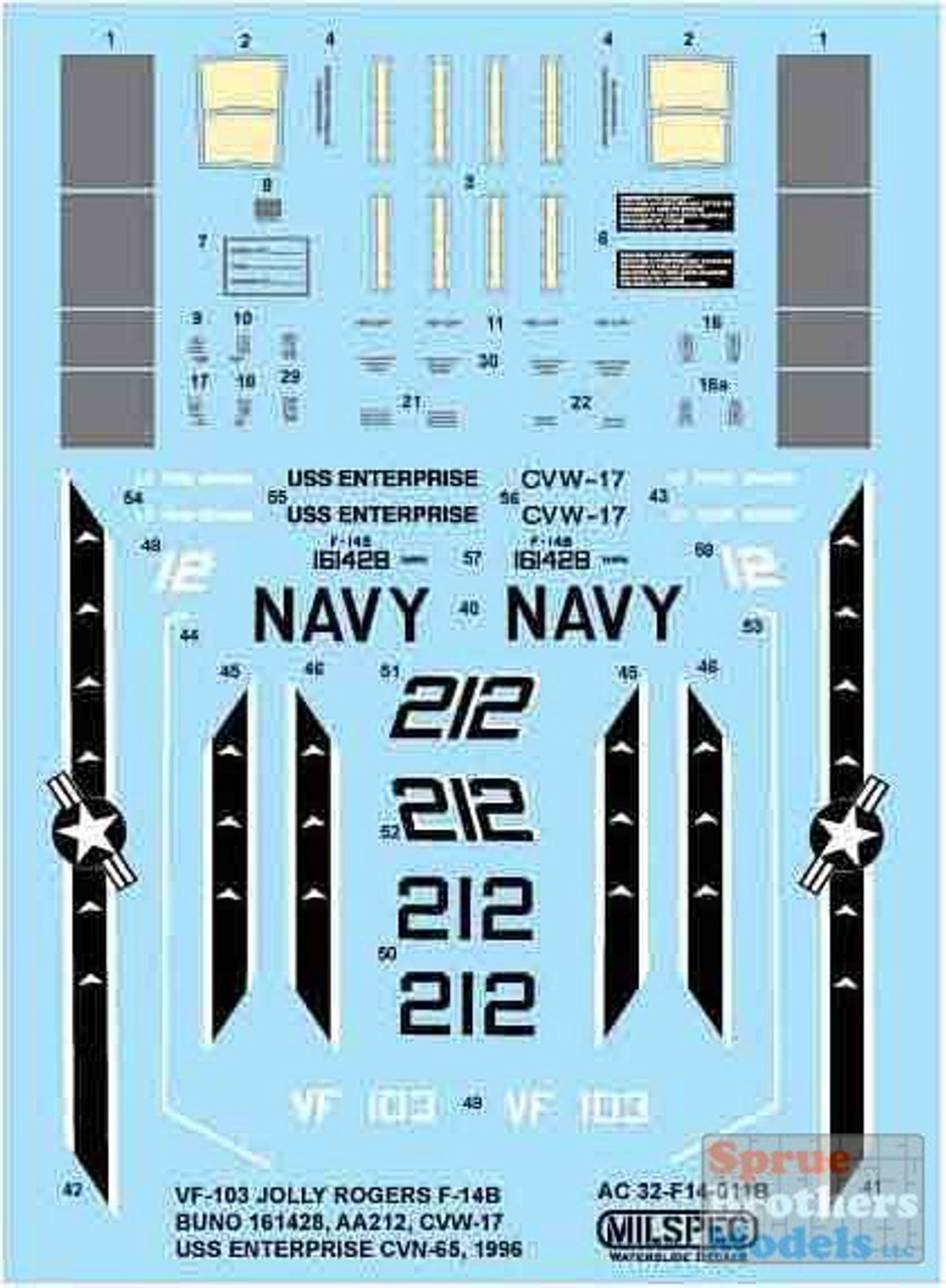 CAMMS32011 1:32 MilSpec Decals - F-14B Tomcat VF-103 Jolly Rogers CVW-17  USS Enterprise 1996