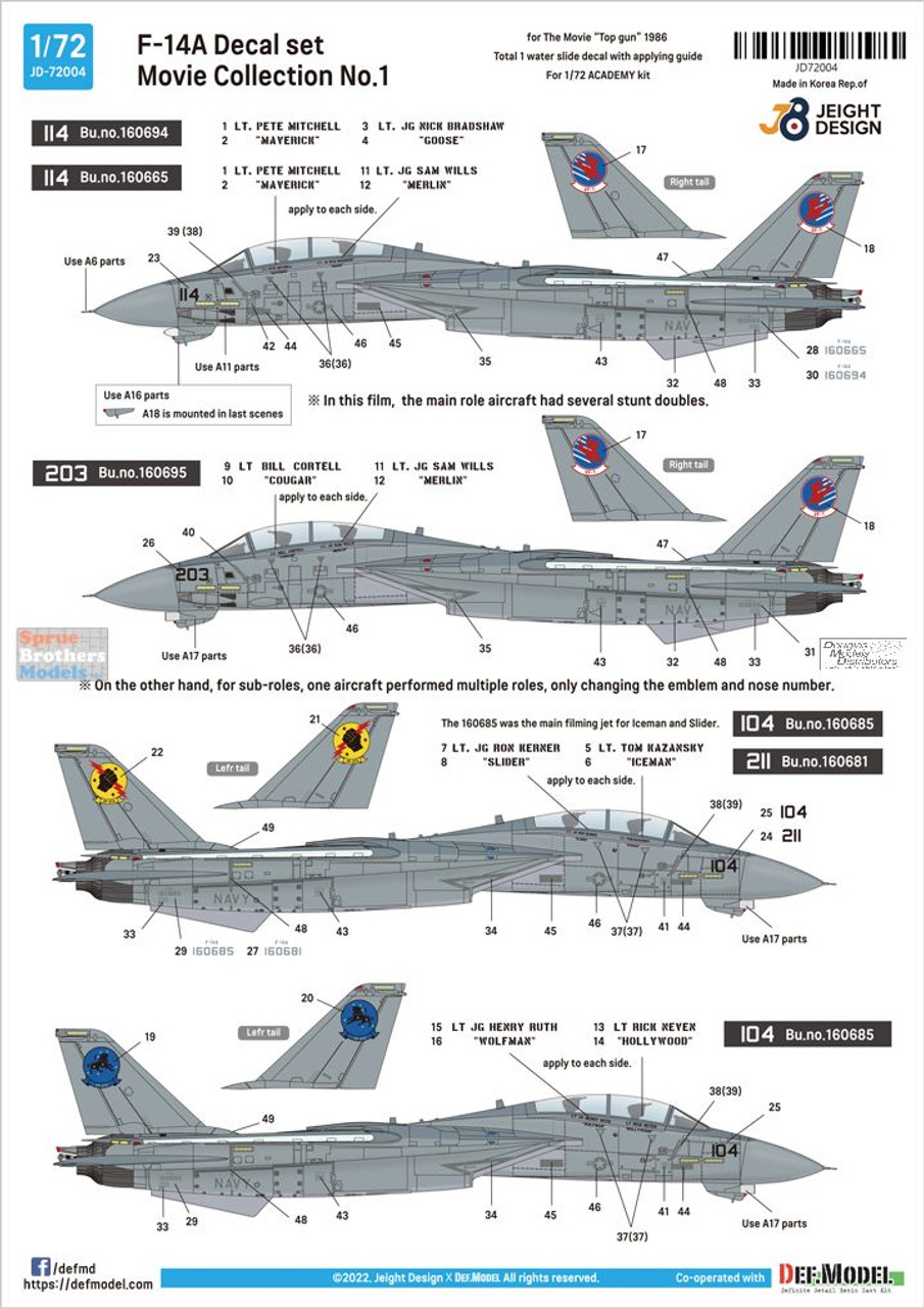 DEFJD72004 1:72 DEF Model Jeight Design Decal Set - Movie Collection #1  F-14A Tomcat Top Gun 1986 (ACA kit)