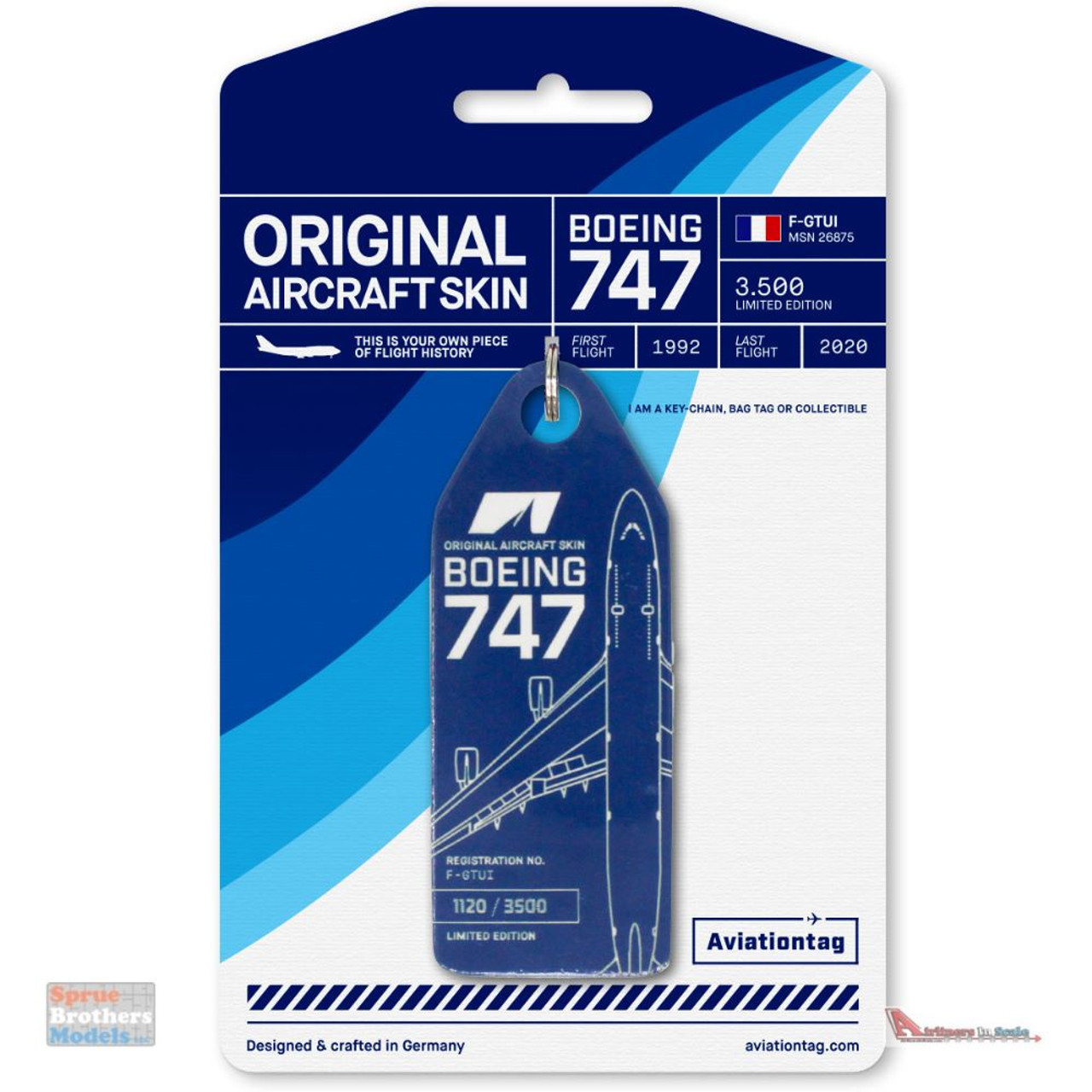 AVT107 AviationTag Boeing 747-422 (Corsair) Reg #F-GTUI Dark Blue Original  Aircraft Skin Keychain/Luggage Tag/Etc With Lost & Found Feature