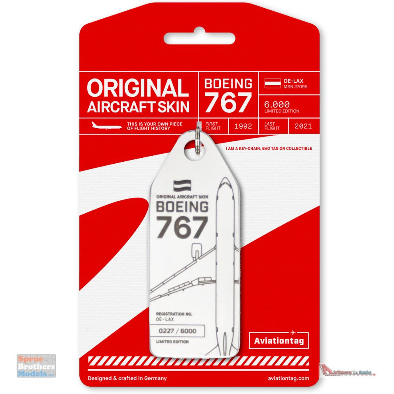 AVT116 AviationTag Boeing 767-300ER (Austrian Airlines) Reg #OE-LAX White  Original Aircraft Skin Keychain/Luggage Tag/Etc With Lost & Found Feature -  Sprue Brothers Models LLC