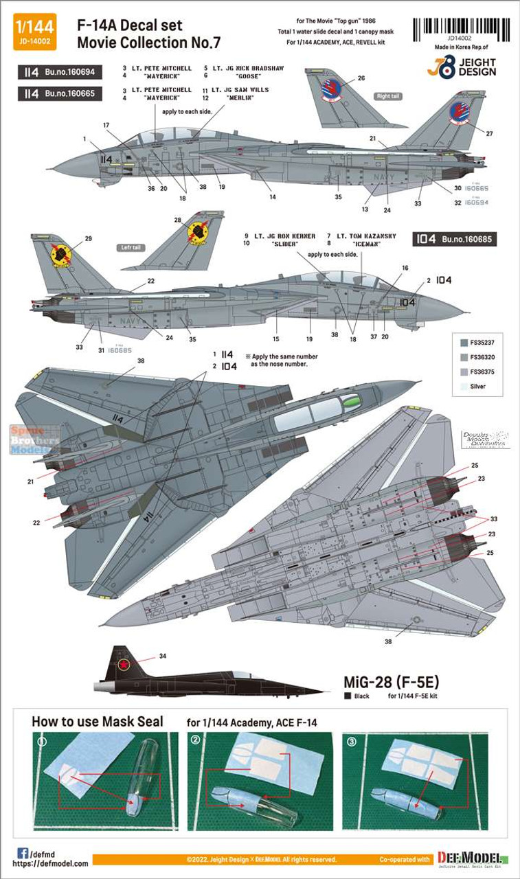 DEFJD14002 1:144 DEF Model Jeight Design Decal Set - Movie Collection #7  F-14A Tomcat Top Gun 1986