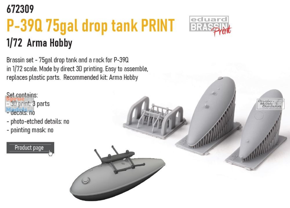EDU672309 1:72 Eduard Brassin PRINT P-39Q Airacobra 75-gallon Drop