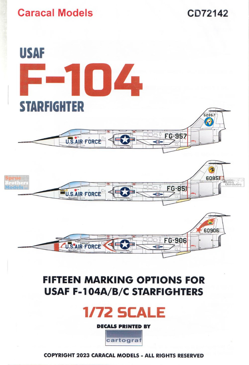 CARCD72142 1:72 Caracal Models Decals - USAF F-104A F-104B F-104C  Starfighter