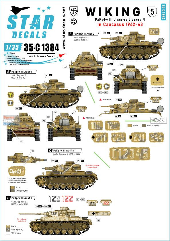 SRD35C1384 1:35 Star Decals - Wiking #5: Panzer III J Short / J