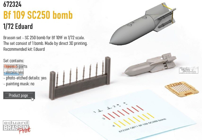 EDU672324 1:72 Eduard Brassin PRINT Bf109 SC250 Bomb (EDU kit