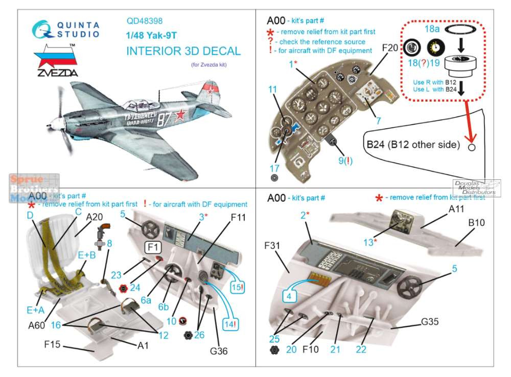 QTSQD48398 1:48 Quinta Studio Interior 3D Decal - Yak-9T (ZVE kit