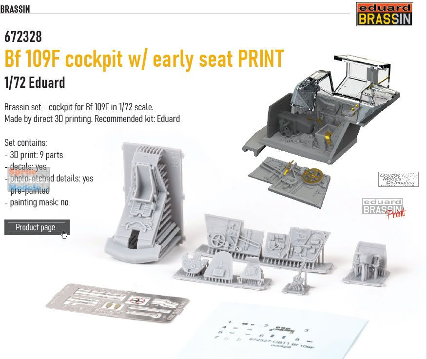 EDU672328 1:72 Eduard Brassin PRINT Bf109F Cockpit Set with Early