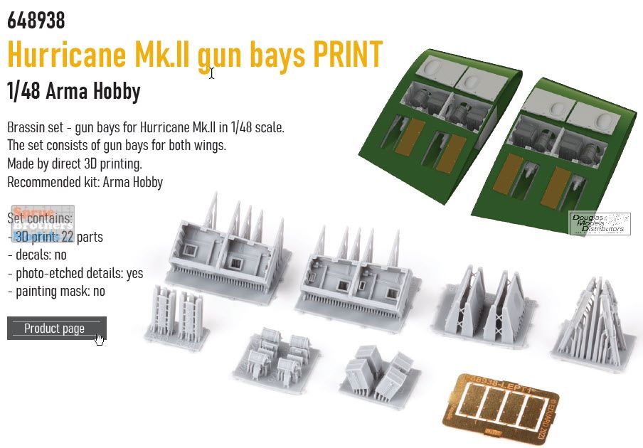 EDU648938 1:48 Eduard Brassin - Hurricane Mk.II Gun Bays (ARM kit