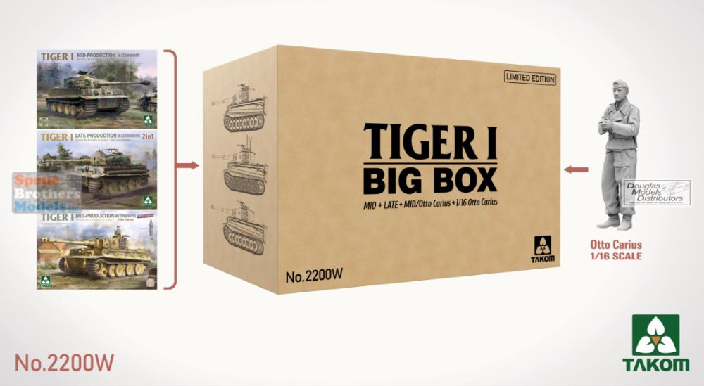 TAK02200W 1:35 Takom Tiger I Big Box (3 kits + 1/16 Otto Carius
