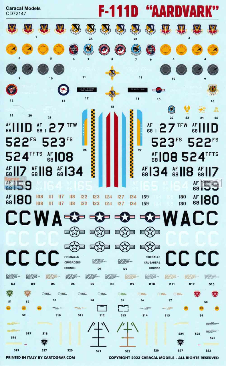 CARCD72147 1:72 Caracal Models Decals - F-111D Aardvark - Sprue