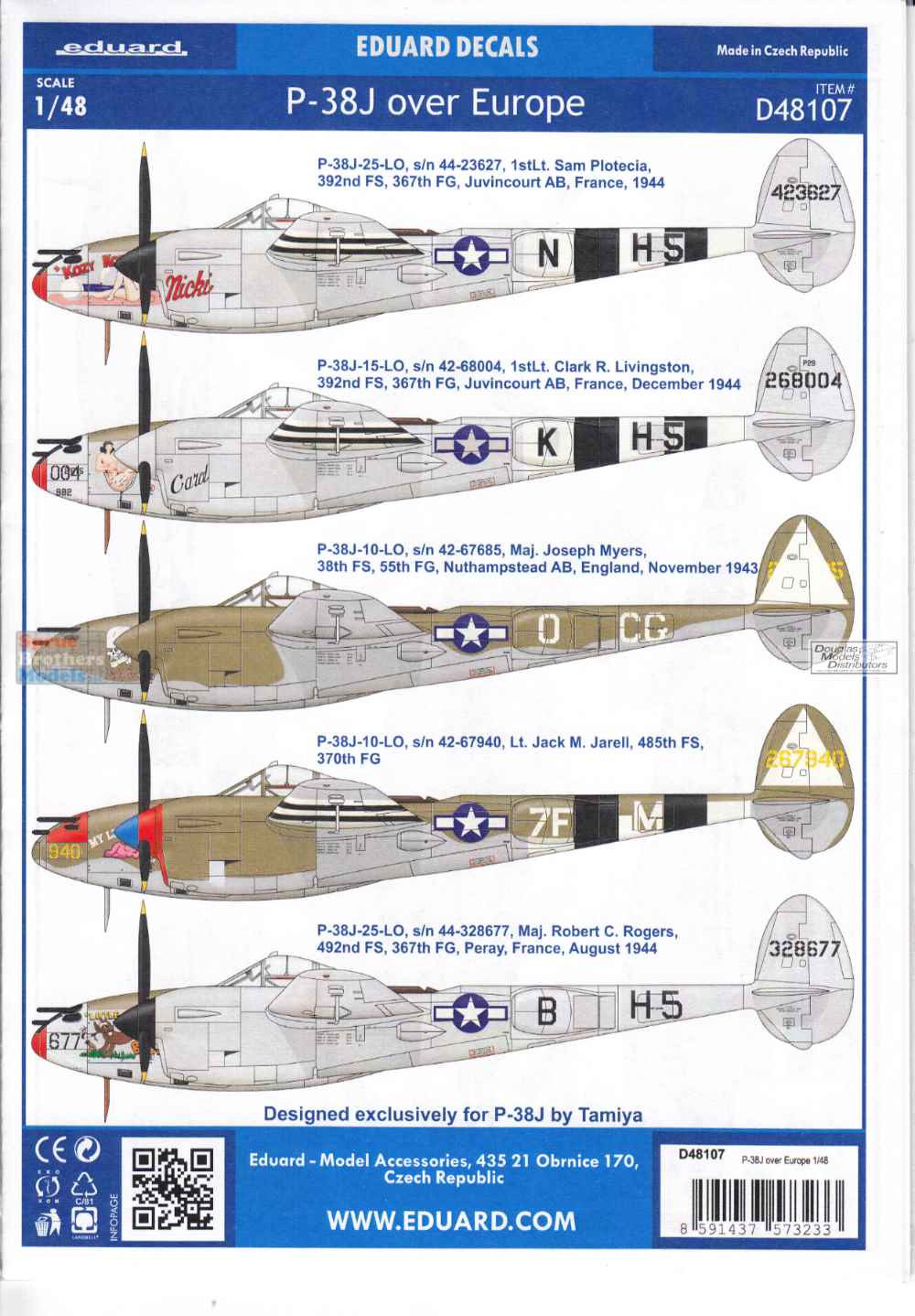 Décalcomanies UpRise Decals UR3243 Pour P-38J Lightning R.I.Bong 1/32 - Avec Pochoirs