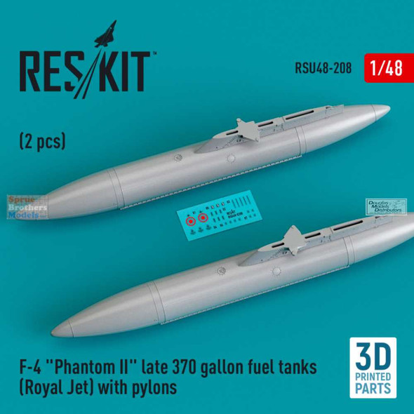 RESRSU480208U 1:48 ResKit USAF F-4 Phantom II Late 370-gal Fuel Tanks (Royal Jet) with Pylons