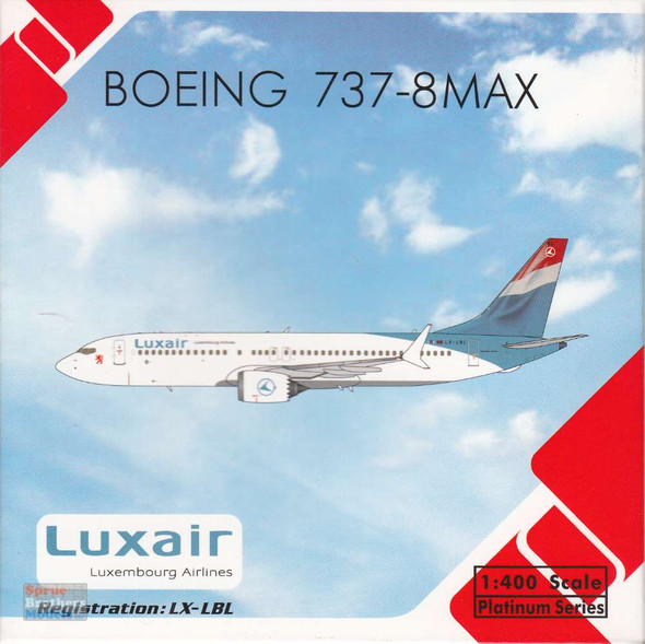 PHX11847 1:400 Phoenix Model Luxair B737 Max8 Reg #LX-LBL (pre-painted/pre-built)