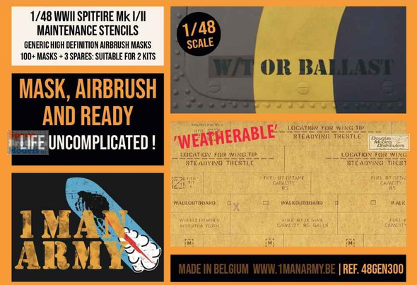 OMA48GEN300 1:48 1Man Army Masks: Spitfire Mk.I/II Maintenance Stencils