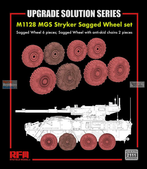 RFMRM2111 1:35 Rye Field Model M1128 MGS Stryker Sagged Wheel Set (6pcs) + Sagged Wheels with Anti-Skid Chains (2pcs)