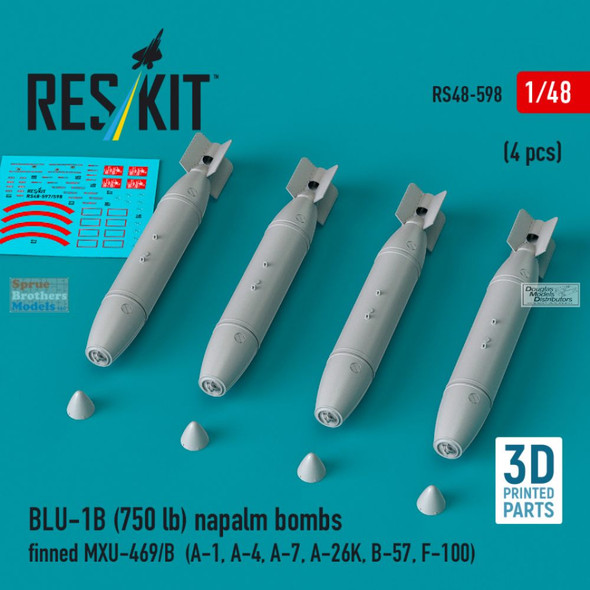 RESRS480598 1:48 ResKit BLU-1B (750lb) Napalm Bomb Set Finned MXU-469/B