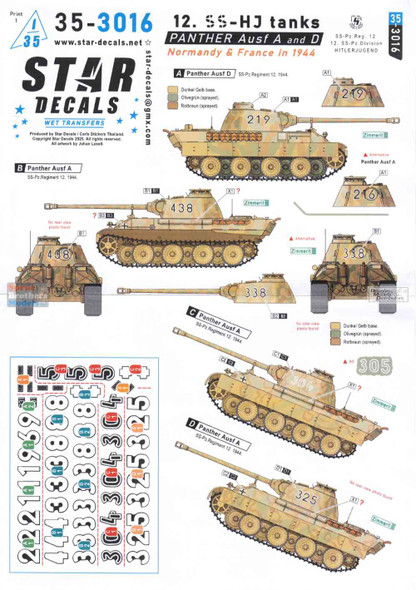 SRD353016 1:35 Star Decals - Panther Ausf.A/D 12. SS-HJ Tanks Normandy/France in 1944