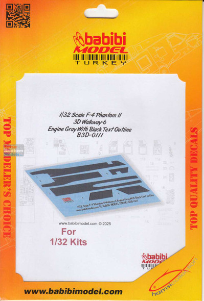 BBBB3D0111 1:32 Babibi Model 3D Decals F-4 Phantom II Walkway Version 6 Engine Gray with Black Text Outline