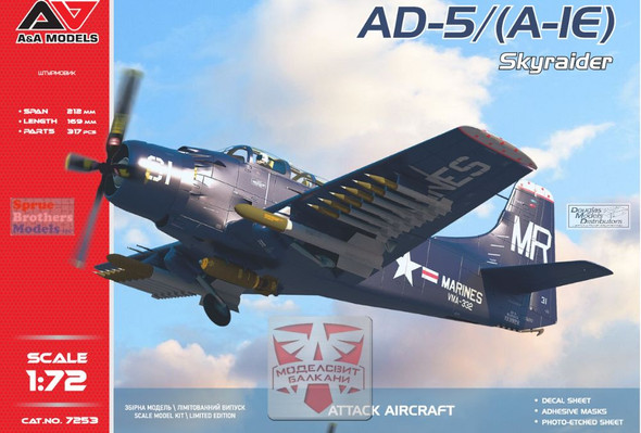 ONEMDVAAM72053 1:72 Modelsvit A&A Models AD-5 A-1E Skyraider (NO KIT BOX)