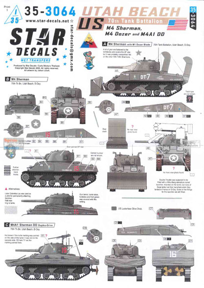 SRD353064 1:35 Star Decals: US 70th Tank Battalion - Utah Beach M4 Sherman M4 Dozer M4A1 DD