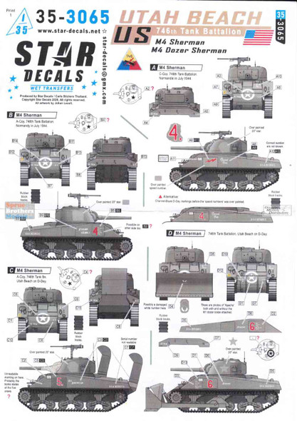 SRD353065 1:35 Star Decals: US 746th Tank Battalion - Utah Beach M4 Sherman M4 Dozer