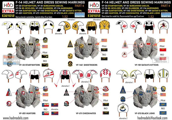 HADE321012 1:32 HAD Models Decals - F-14Tomcat Helmet & Dress Sewing Markings for VF-33 VF-51 VF-74 VF-103 VF-114 VF-124 VF-142 VF-191 VF-201 VF-211 VF-213
