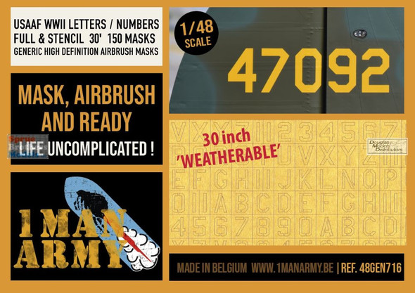 OMA48GEN716 1:48 1Man Army Masks: USAAF WW2 Letters / Numbers Full & Stencil Font 30'