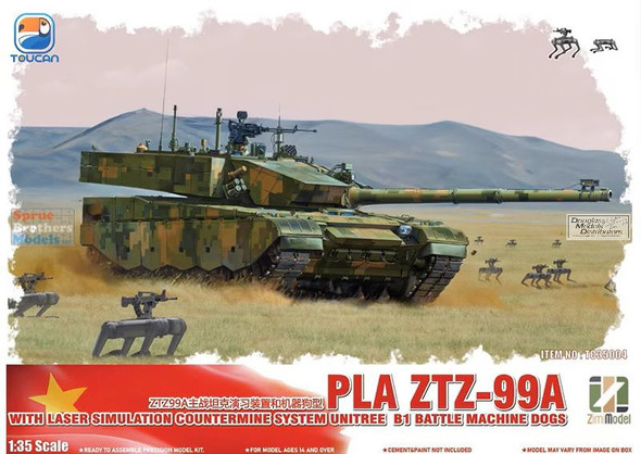ZIMTC35004 1:35 Zimi Model Toucan ZTZ-99A MBT with Laser Simulation Countermine System Unitree B1 Battle Machine Dogs