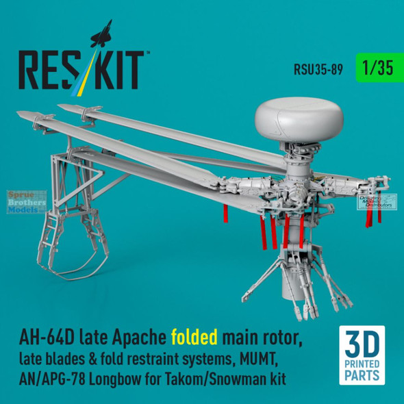 RESRSU350089U 1:35 ResKit AH-64D Late Apache Folded Main Rotor Late Blades & Fold Restraint System MUMT AN/APG-78 Longbow (TAK kit)