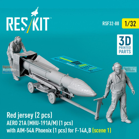 RESRSF320088F 1:32 ResKit Red Jersey Deck Crew Figure Set with AERO 21A (MHU-191A/M) Transport Trolley with AIM-54A Phoenix Missiles (for F-14A F-14B) Scene 1