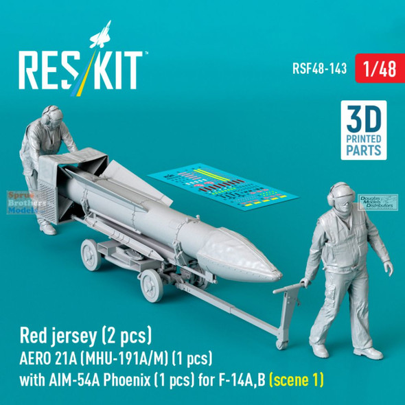RESRSF480143F 1:48 ResKit Red Shirts Deck Crew Figure Set with AERO 21A (MHU-191A/M) Transport Dolly & AIM-54A Phoenix Missiles Scene 1
