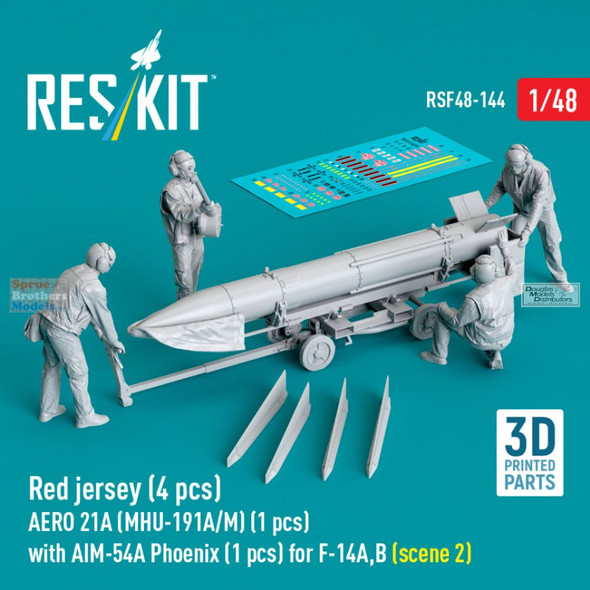 RESRSF480144F 1:48 ResKit Red Shirts Deck Crew Figure Set with AERO 21A (MHU-191A/M) Transport Dolly & AIM-54A Phoenix Missiles Scene 2