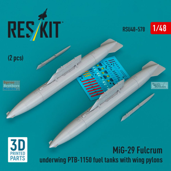 RESRSU480578U 1:48 ResKit MiG-29 Fulcrum Underwing PTB-1150 Fuel Tank Set with Pylons