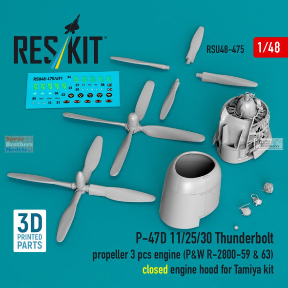 RESRSU480475U 1:48 ResKit P-47-11/25/30 Thunderbolt Engine, Closed Engine Hood & Propeller (TAM kit)