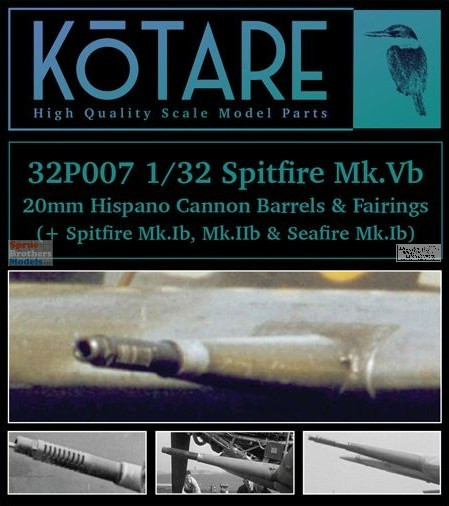 KOT32P007P 1:32 Kotare Spitfire Mk.Vb/Ib/IIb Seafire Mk.Ib 20mm Hispano Cannon Barrels & Fairings (KOT kit)