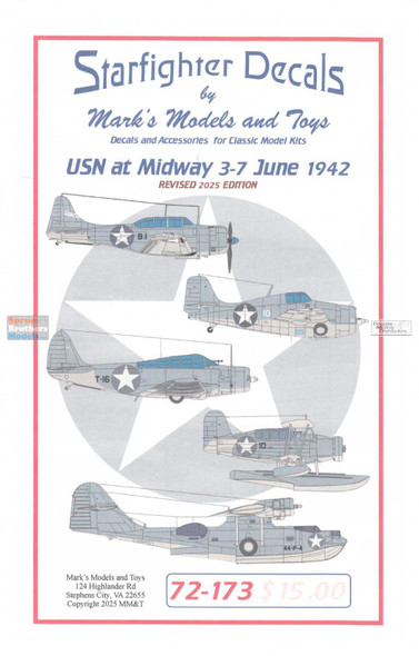 SFD72173V2 1:72 Starfighter Decals - USN at Midway June 3-7 1942 (F4F-4 SBD-3 TBD-1 PBY-5A SOC-1 TBF-1) [Revised]