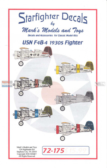 SFD72175 1:72 Starfighter Decals - USN F4B-2 1930s Fighter