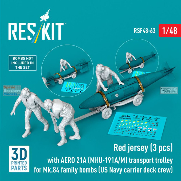RESRSF480063F 1:48 ResKit Red Shirts Deck Crew Figure Set with AERO 21A (MHU-191A/M) Transport Dolly for Mk.84 Bomb Family