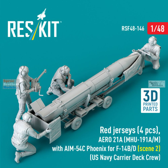 RESRSF480146F 1:48 ResKit Red Shirts Deck Crew Figure Set with AERO 21A (MHU-191A/M) Transport Dolly with AIM-54C Phoenix - Scene 2