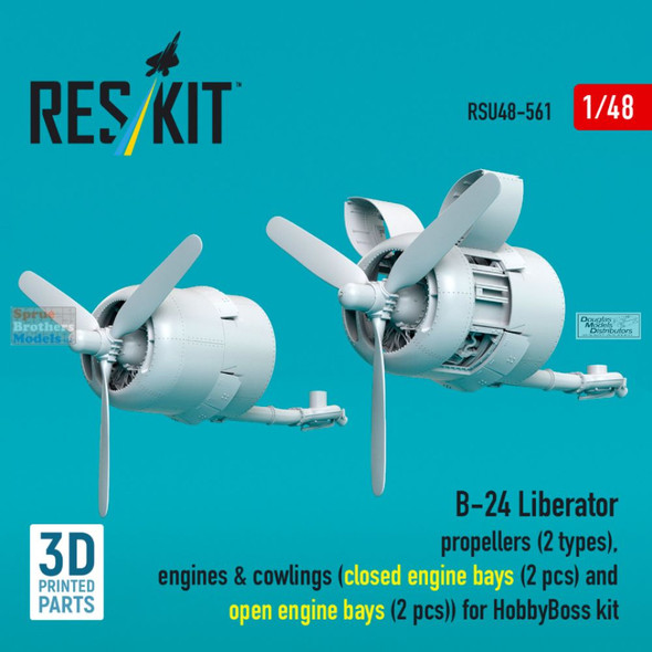 RESRSU480561U 1:48 ResKit B-24 Liberator Engines (Open & Closed Engine Bays), Cowlings & Propellers (HBS kit)