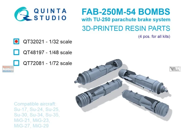 QTSQT32021 1:32 Quinta Studio FAB-250M-54 Bomb Set with TU-250 Parachute Braking System