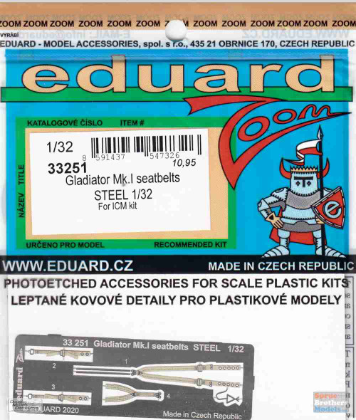 EDU33251 1:32 Eduard Color Zoom PE - Gladiator Mk.I Seatbelts [STEEL] (ICM kit)