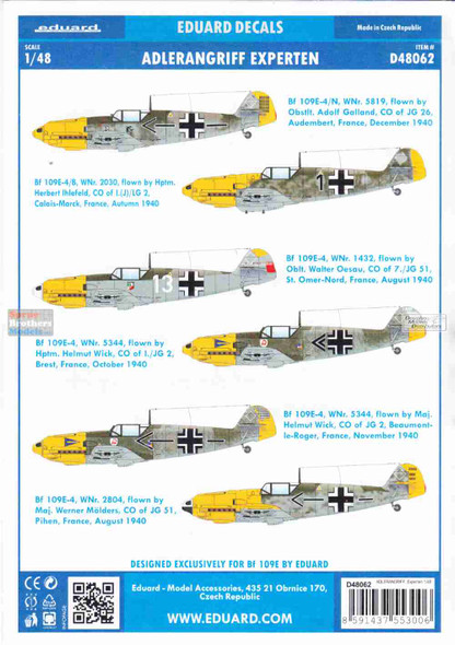 EDUD48062 1:48 Eduard Decals - Bf109E-4 ADLERANGRIFF: Experten