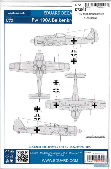 EDUD72012 1:72 Eduard Decals - Fw 190A Balkenkreuse