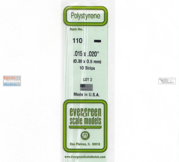 EVG0110 Evergreen Styrene Plastic .015 x .020 Strip 10 pieces #110